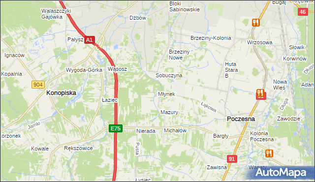 mapa Młynek gmina Poczesna, Młynek gmina Poczesna na mapie Targeo