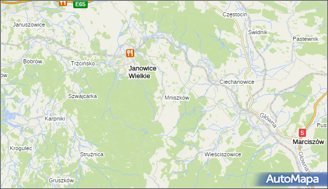 mapa Mniszków gmina Janowice Wielkie, Mniszków gmina Janowice Wielkie na mapie Targeo