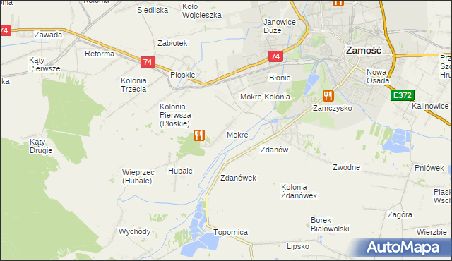 mapa Mokre gmina Zamość, Mokre gmina Zamość na mapie Targeo