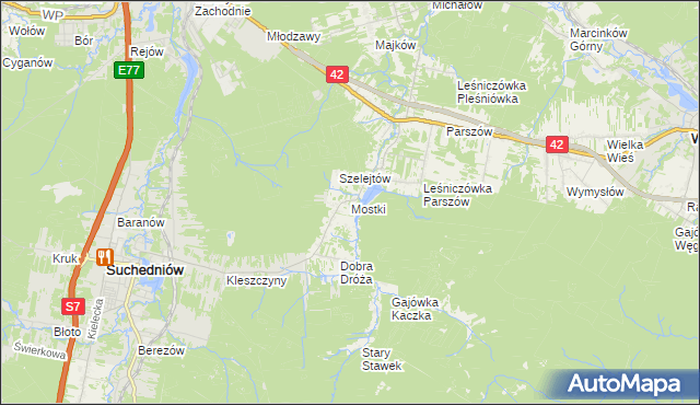 mapa Mostki gmina Suchedniów, Mostki gmina Suchedniów na mapie Targeo