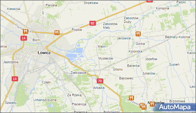 mapa Mysłaków gmina Nieborów, Mysłaków gmina Nieborów na mapie Targeo