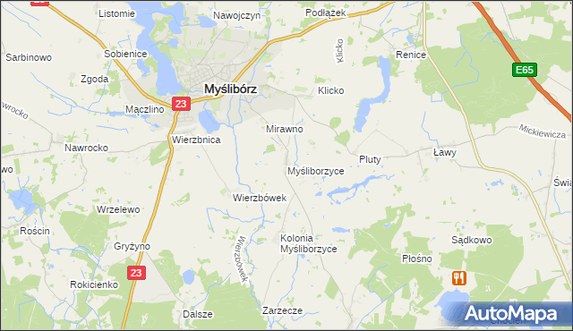 mapa Myśliborzyce gmina Myślibórz, Myśliborzyce gmina Myślibórz na mapie Targeo