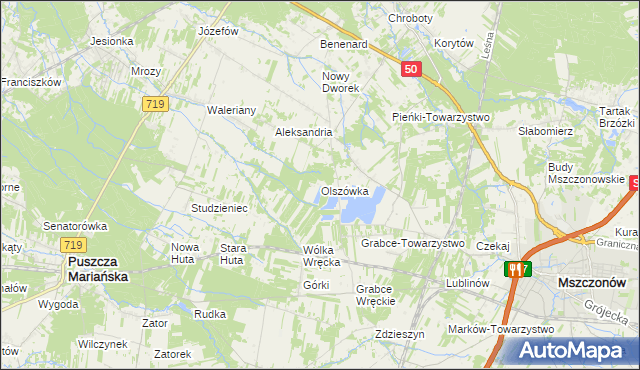 mapa Olszówka gmina Mszczonów, Olszówka gmina Mszczonów na mapie Targeo
