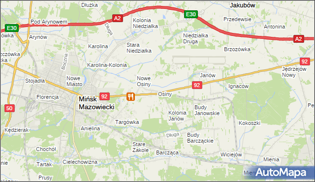 mapa Osiny gmina Mińsk Mazowiecki, Osiny gmina Mińsk Mazowiecki na mapie Targeo