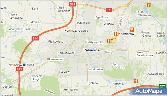 mapa Pabianic, Pabianice na mapie Targeo