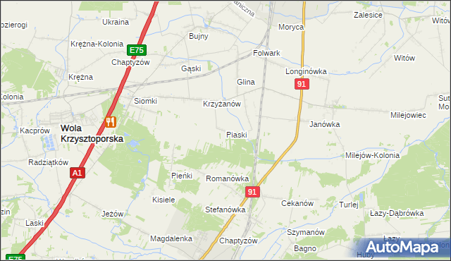 mapa Piaski gmina Wola Krzysztoporska, Piaski gmina Wola Krzysztoporska na mapie Targeo