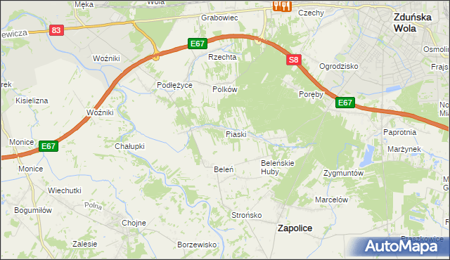 mapa Piaski gmina Zduńska Wola, Piaski gmina Zduńska Wola na mapie Targeo