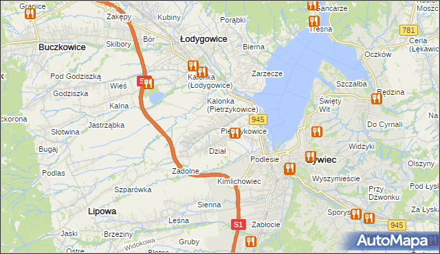 mapa Pietrzykowice gmina Łodygowice, Pietrzykowice gmina Łodygowice na mapie Targeo