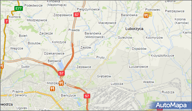 mapa Prusy gmina Kocmyrzów-Luborzyca, Prusy gmina Kocmyrzów-Luborzyca na mapie Targeo