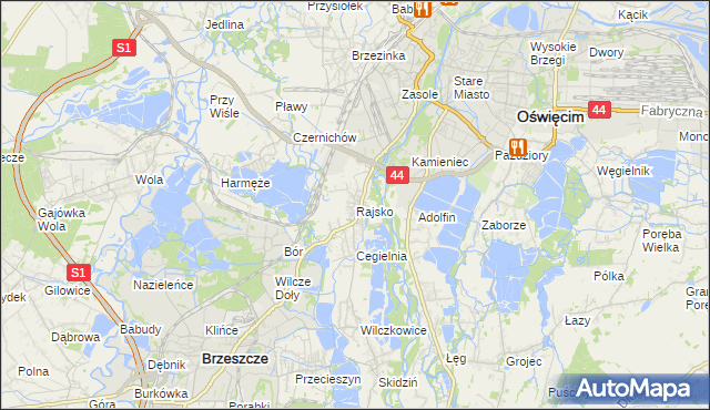 mapa Rajsko gmina Oświęcim, Rajsko gmina Oświęcim na mapie Targeo