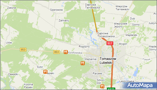 mapa Rogóźno gmina Tomaszów Lubelski, Rogóźno gmina Tomaszów Lubelski na mapie Targeo