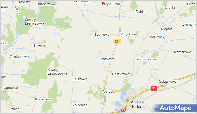 mapa Roszkowo gmina Miejska Górka, Roszkowo gmina Miejska Górka na mapie Targeo