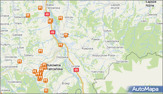 mapa Rzepiska gmina Bukowina Tatrzańska, Rzepiska gmina Bukowina Tatrzańska na mapie Targeo