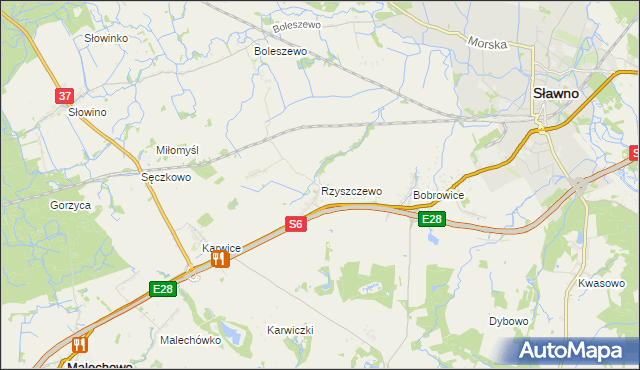 mapa Rzyszczewo gmina Sławno, Rzyszczewo gmina Sławno na mapie Targeo