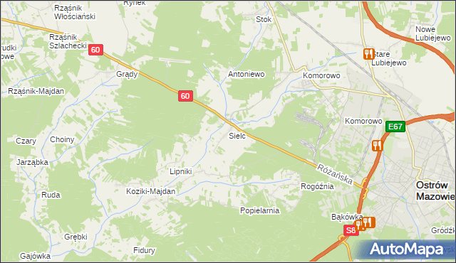 mapa Sielc gmina Ostrów Mazowiecka, Sielc gmina Ostrów Mazowiecka na mapie Targeo