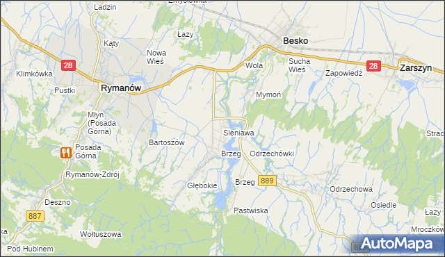 mapa Sieniawa gmina Rymanów, Sieniawa gmina Rymanów na mapie Targeo