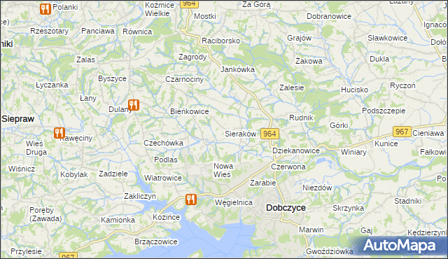 mapa Sieraków gmina Dobczyce, Sieraków gmina Dobczyce na mapie Targeo