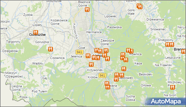 mapa Ustroń powiat cieszyński, Ustroń powiat cieszyński na mapie Targeo