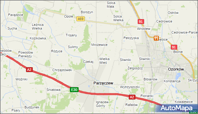mapa Wielka Wieś gmina Parzęczew, Wielka Wieś gmina Parzęczew na mapie Targeo