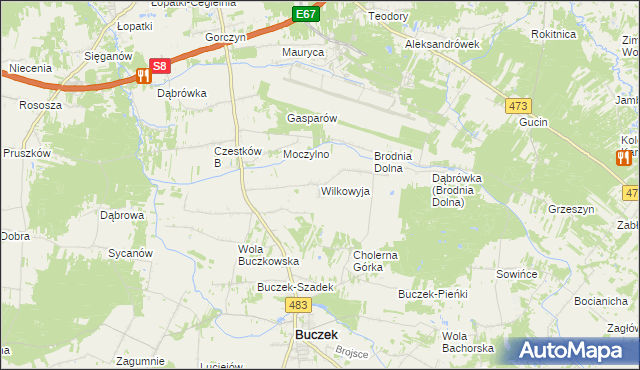 mapa Wilkowyja gmina Buczek, Wilkowyja gmina Buczek na mapie Targeo