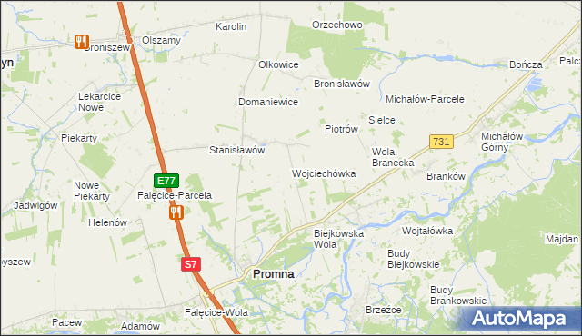 mapa Wojciechówka gmina Promna, Wojciechówka gmina Promna na mapie Targeo