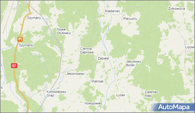 mapa Zabiele gmina Wielbark, Zabiele gmina Wielbark na mapie Targeo
