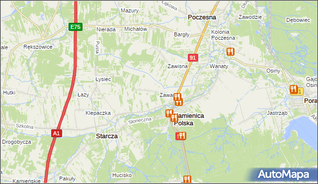 mapa Zawada gmina Kamienica Polska, Zawada gmina Kamienica Polska na mapie Targeo