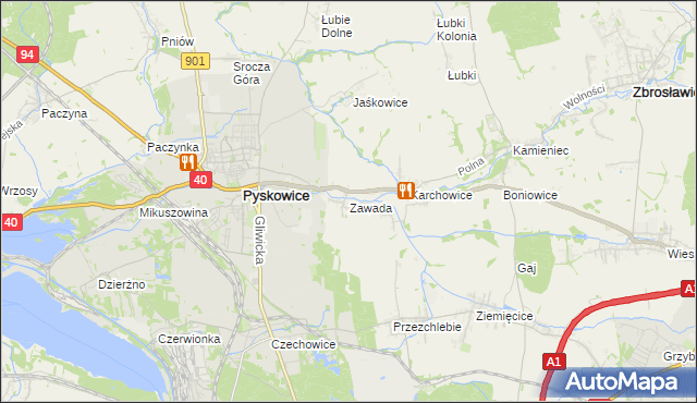 mapa Zawada gmina Zbrosławice, Zawada gmina Zbrosławice na mapie Targeo