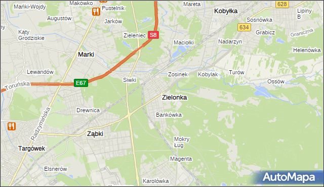 mapa Zielonka powiat wołomiński, Zielonka powiat wołomiński na mapie Targeo