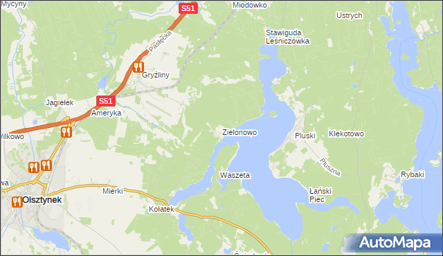 mapa Zielonowo gmina Stawiguda, Zielonowo gmina Stawiguda na mapie Targeo