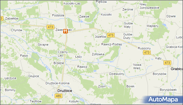 mapa Zofiówka gmina Drużbice, Zofiówka gmina Drużbice na mapie Targeo