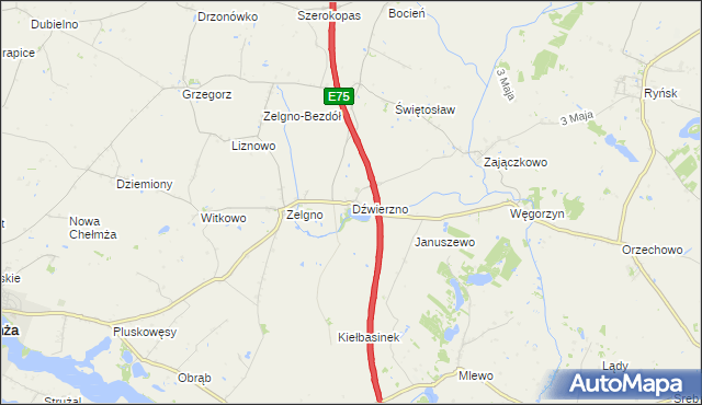 mapa Dźwierzno gmina Chełmża, Dźwierzno gmina Chełmża na mapie Targeo