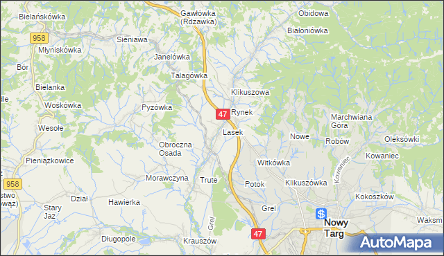 mapa Lasek gmina Nowy Targ, Lasek gmina Nowy Targ na mapie Targeo