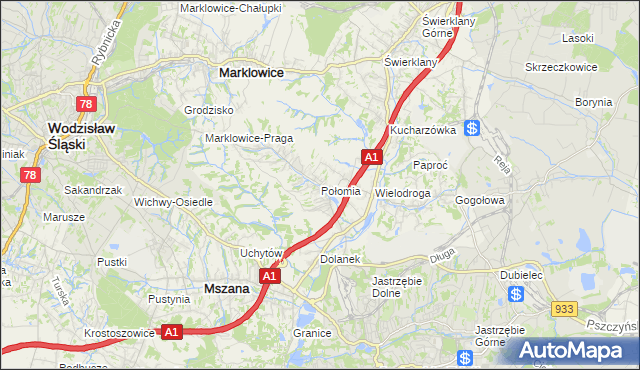 mapa Połomia gmina Mszana, Połomia gmina Mszana na mapie Targeo