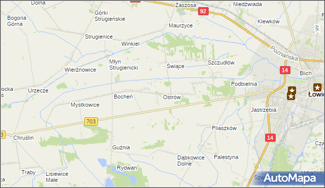 mapa Ostrów gmina Łowicz, Ostrów gmina Łowicz na mapie Targeo