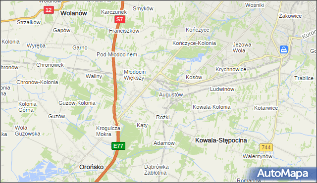 mapa Augustów gmina Kowala, Augustów gmina Kowala na mapie Targeo