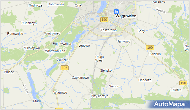 mapa Długa Wieś gmina Wągrowiec, Długa Wieś gmina Wągrowiec na mapie Targeo