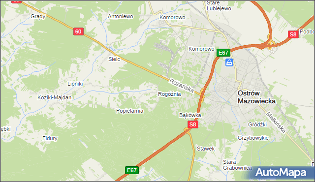 mapa Rogóźnia gmina Ostrów Mazowiecka, Rogóźnia gmina Ostrów Mazowiecka na mapie Targeo