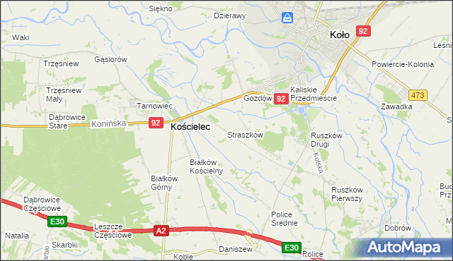 mapa Straszków gmina Kościelec, Straszków gmina Kościelec na mapie Targeo