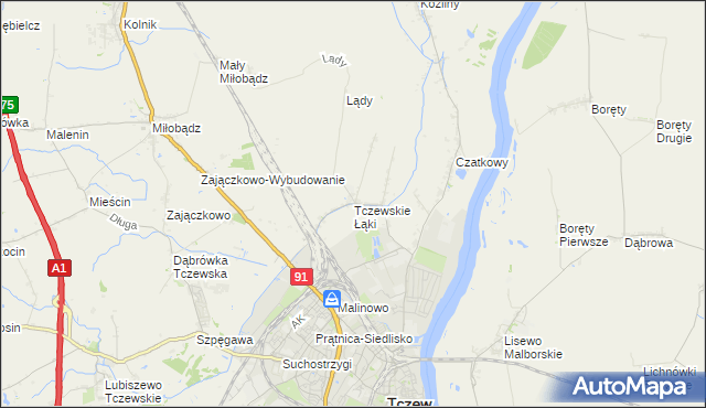 mapa Tczewskie Łąki, Tczewskie Łąki na mapie Targeo