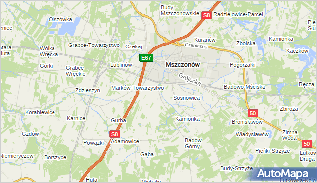 mapa Wymysłów gmina Mszczonów, Wymysłów gmina Mszczonów na mapie Targeo