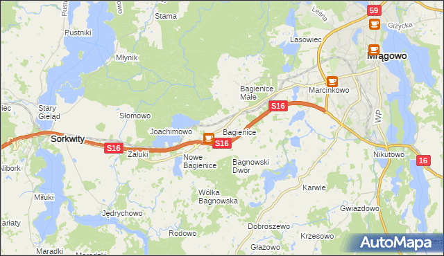 mapa Bagienice gmina Mrągowo, Bagienice gmina Mrągowo na mapie Targeo