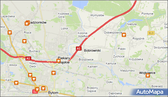 mapa Bobrowniki powiat będziński, Bobrowniki powiat będziński na mapie Targeo