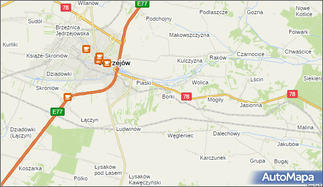 mapa Borki gmina Jędrzejów, Borki gmina Jędrzejów na mapie Targeo