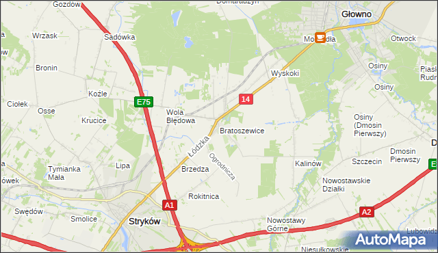 mapa Bratoszewice, Bratoszewice na mapie Targeo