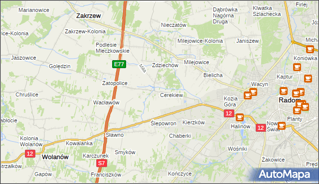 mapa Cerekiew gmina Zakrzew, Cerekiew gmina Zakrzew na mapie Targeo