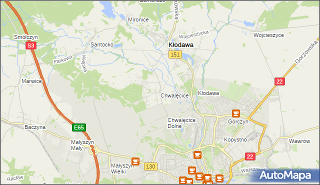 mapa Chwalęcice gmina Kłodawa, Chwalęcice gmina Kłodawa na mapie Targeo