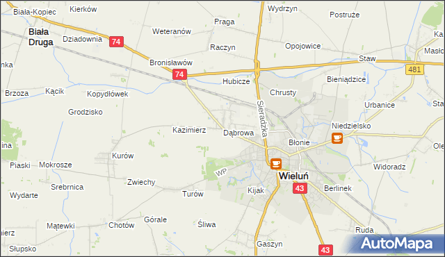mapa Dąbrowa gmina Wieluń, Dąbrowa gmina Wieluń na mapie Targeo