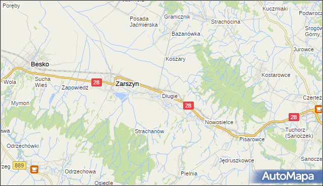 mapa Długie gmina Zarszyn, Długie gmina Zarszyn na mapie Targeo