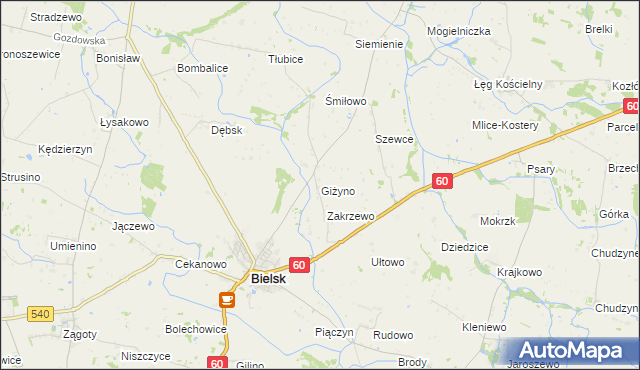 mapa Giżyno gmina Bielsk, Giżyno gmina Bielsk na mapie Targeo